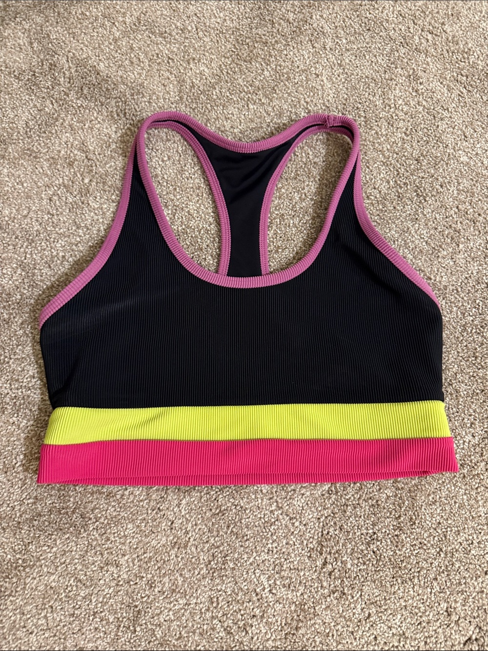 Beach Riot Black Sports Bra with Pink Trim & Yellow Accent Bands